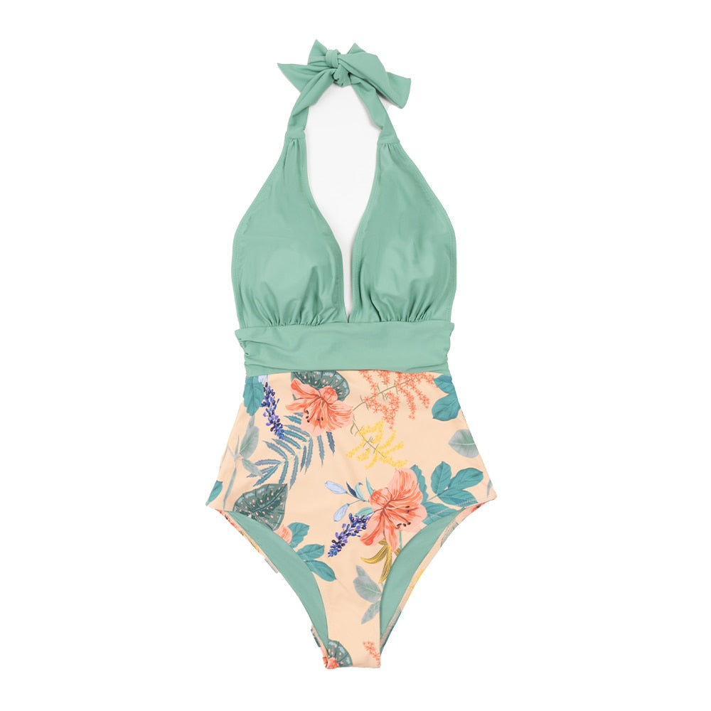 Tropical Mint Ruched Halter Tie Swimsuit