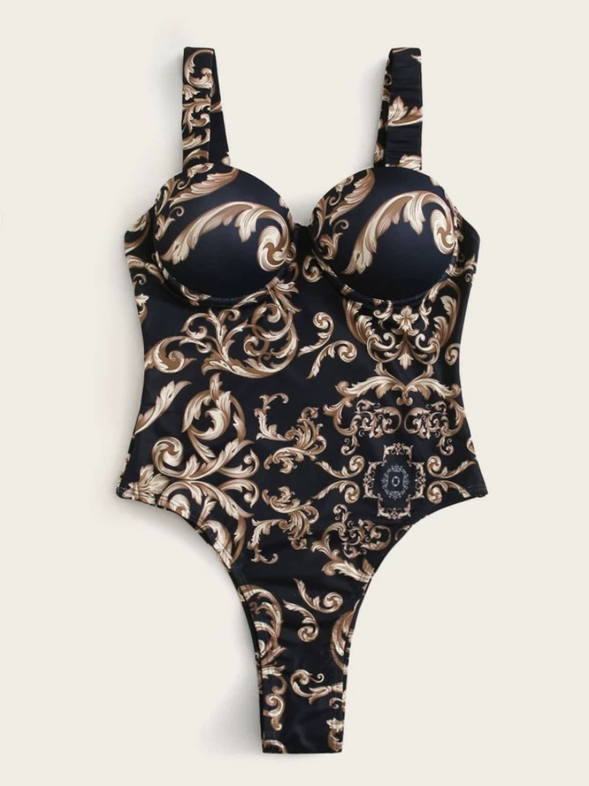 Baroque Pattern Bodice Thong Swimsuit