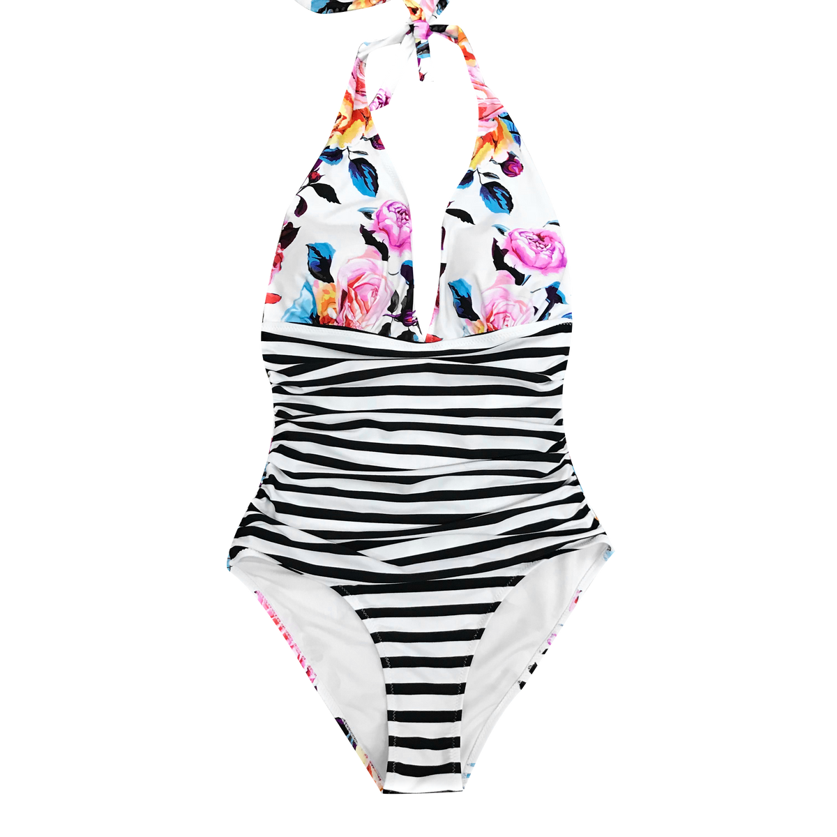 Striped Floral Ruched Backless Swimsuit