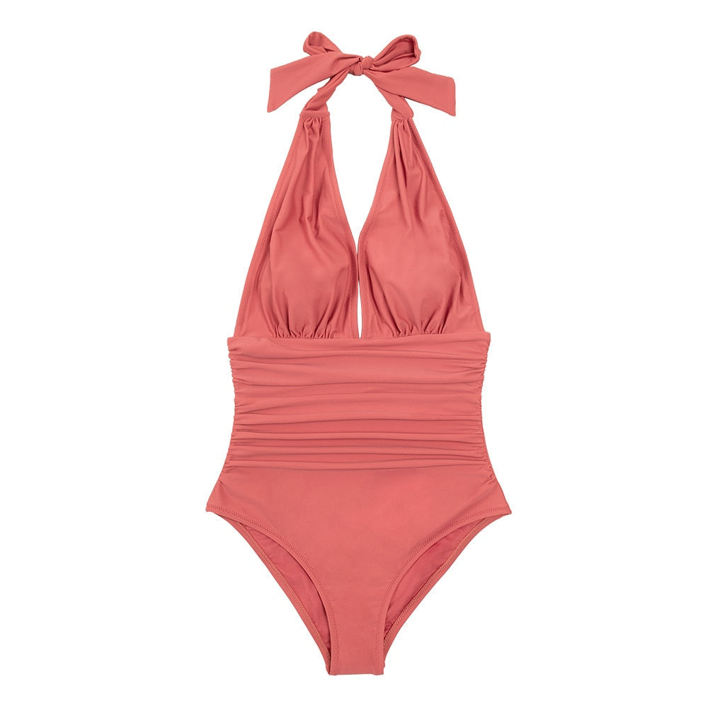 Solid Coral Deep V-Neck Backless Swimsuit