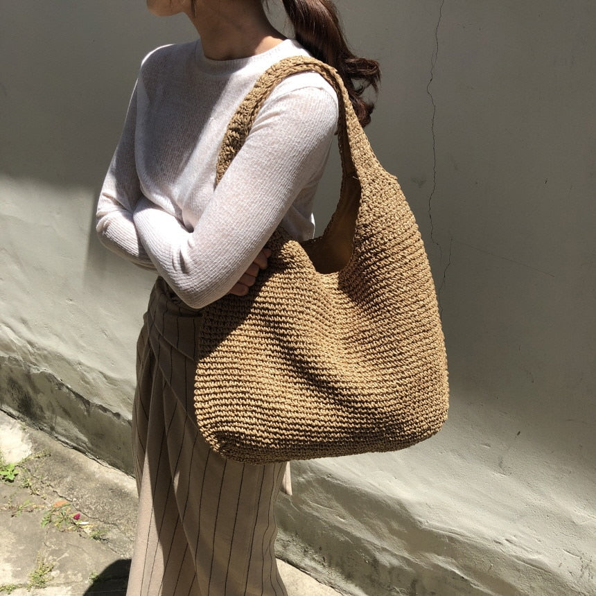 Beige Summer Straw Woven Tote Bag