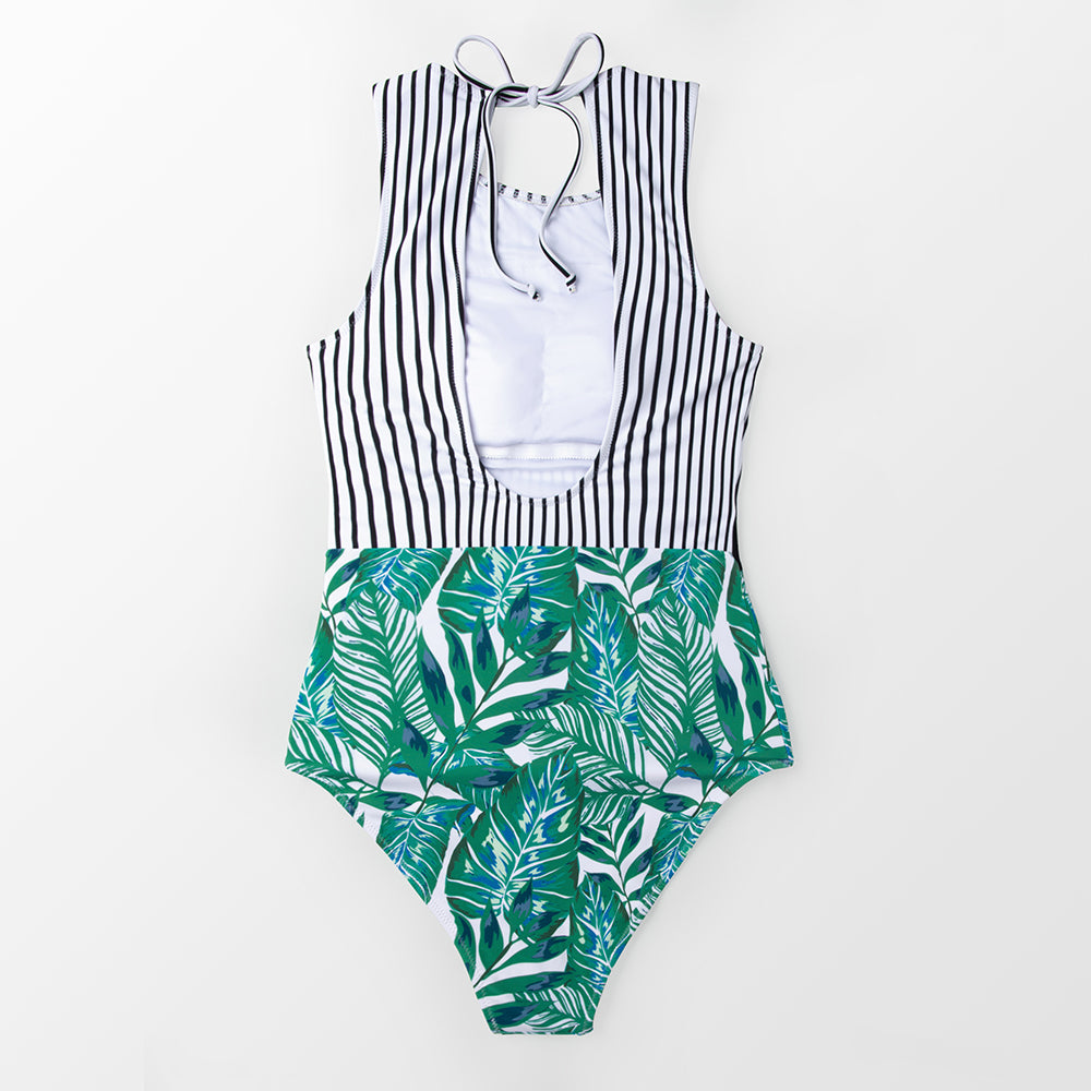 Black Stripes and Green Leaf One-Piece