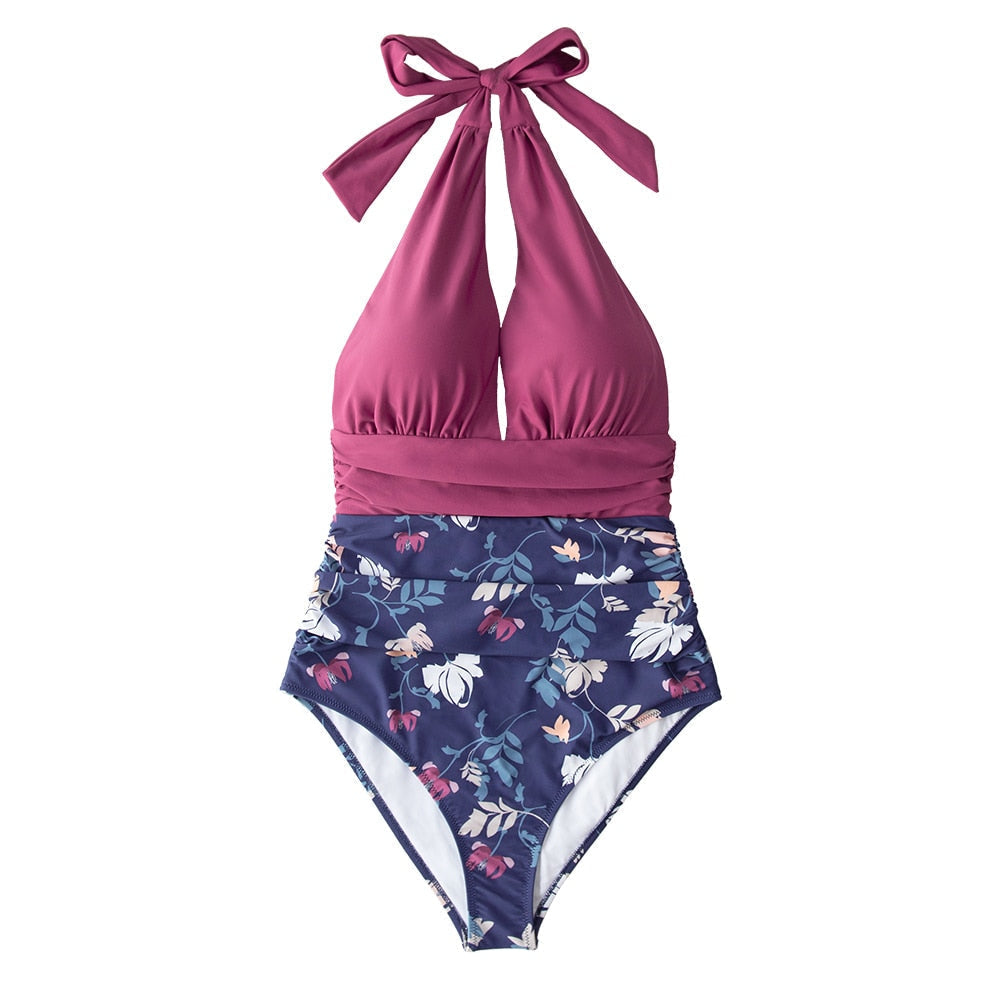 Dark Mauve Floral V-Neck Backless Swimsuit