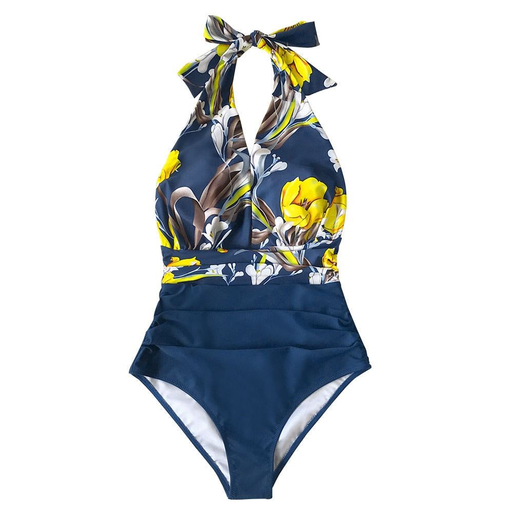 Navy Tulip Ruched Backless Swimsuit